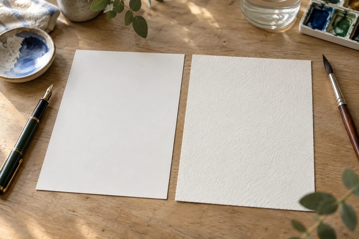 Smooth and textured watercolor paper laid side by side with a pen and brush.