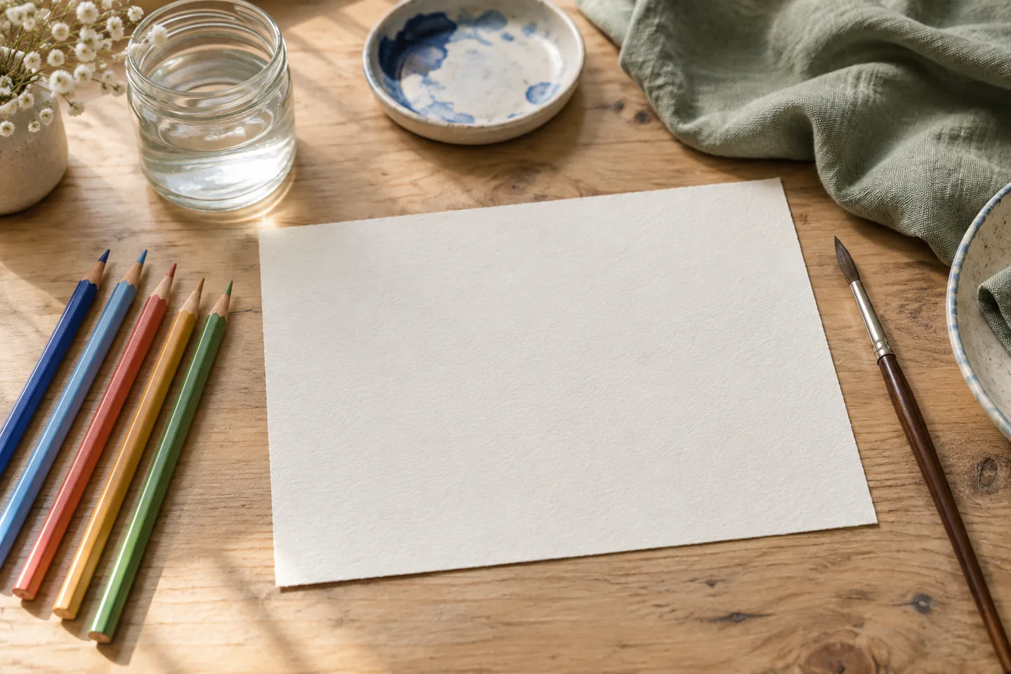 Colorful watercolor pencils, a round brush and water arranged around a blank sheet of paper.