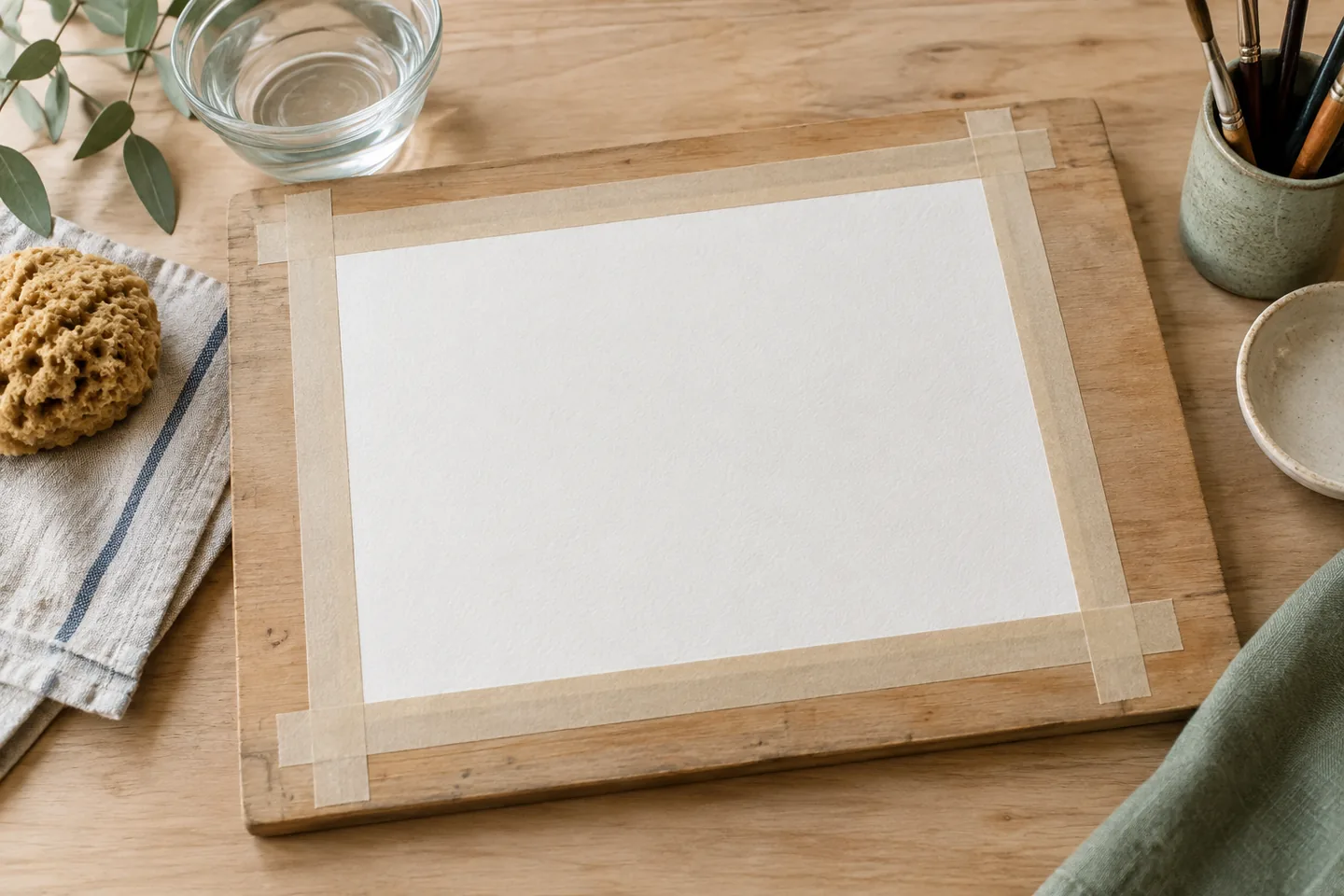 A blank watercolor sheet secured to a wooden board with four strips of gummed tape.