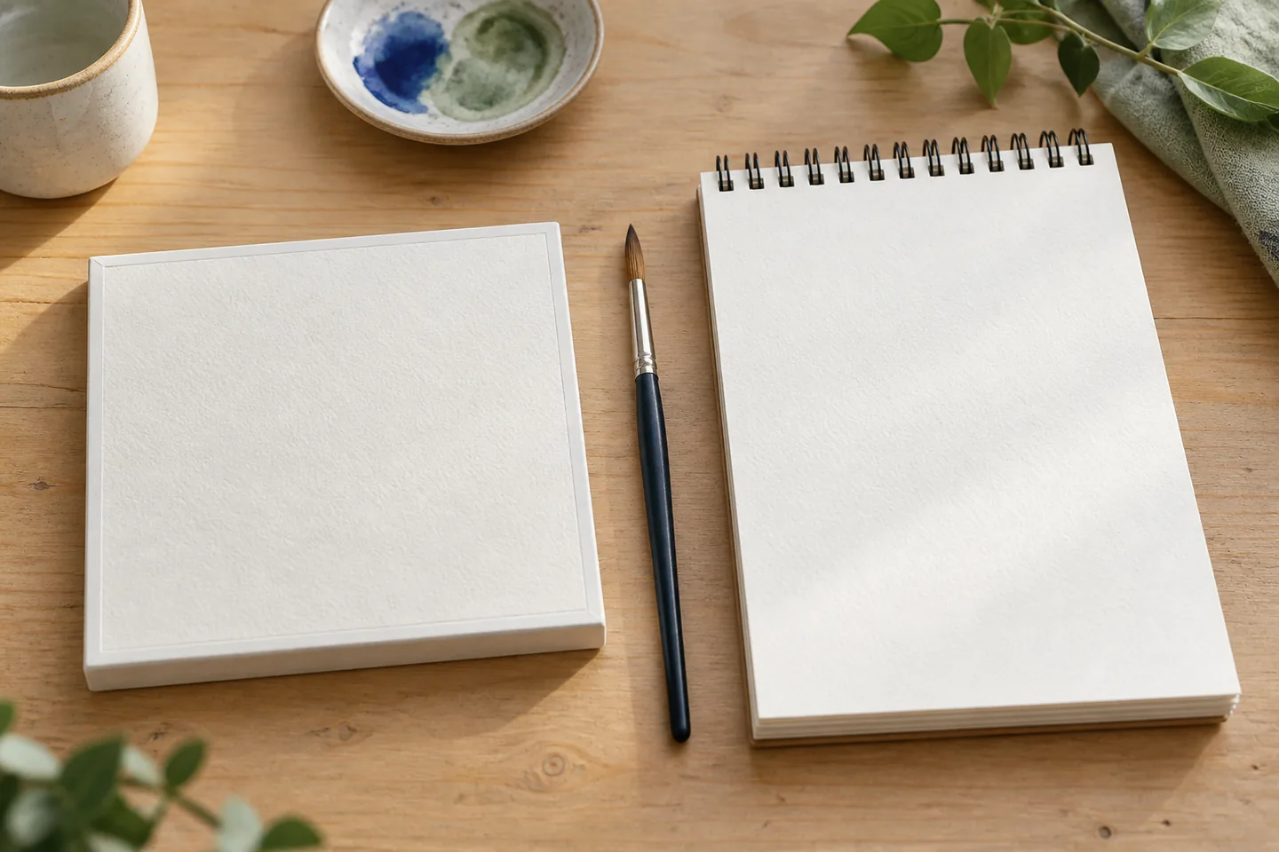 A four-edge watercolor block beside a wire-bound watercolor pad and a round brush.