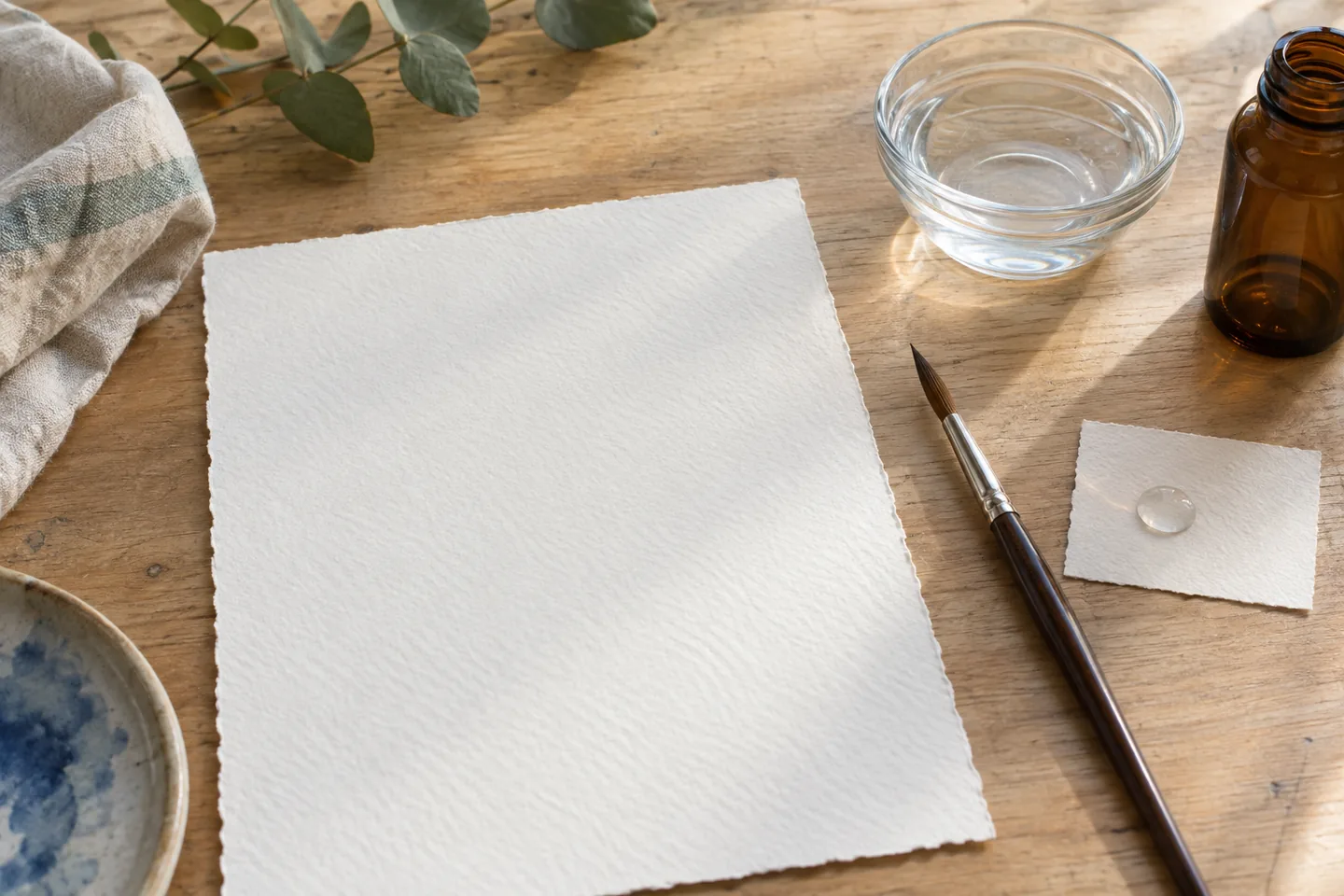 Blank watercolor paper beside a brush, water bowl, amber bottle and a droplet on a paper scrap.