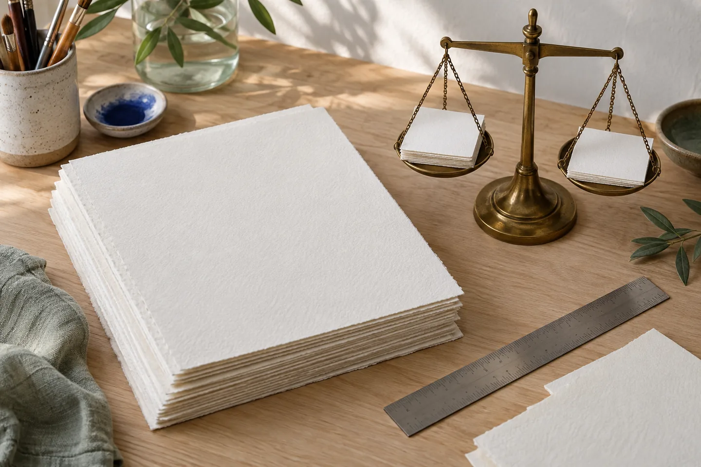 A stack of watercolor paper beside a ruler and a small balance scale holding blank paper pieces.