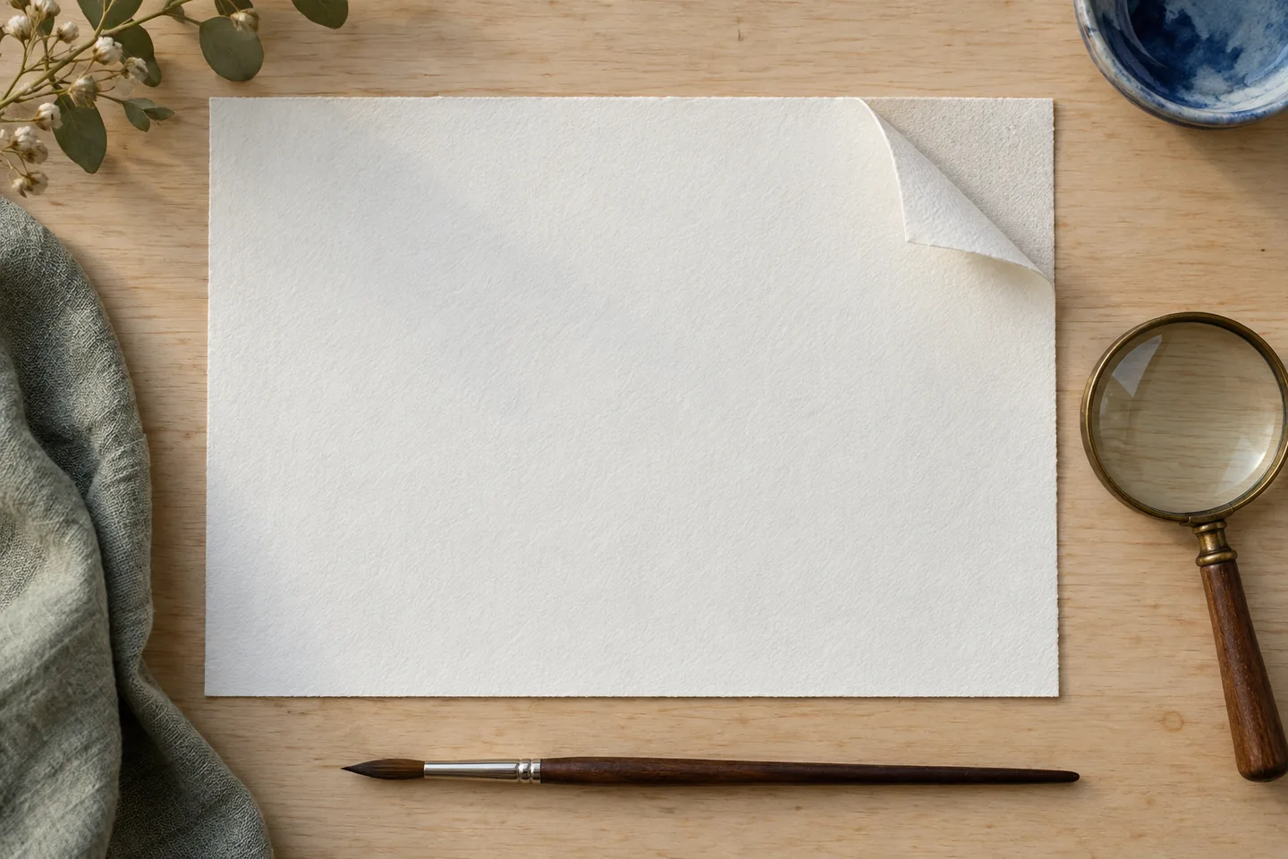 A flat sheet of watercolor paper with one corner turned back beside a magnifying glass and brush.